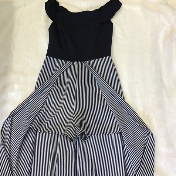 P Teeze Me Women Size 0 Off The Shoulder Maxi Romper Navy Blue White Stripe - Picture 7 of 11